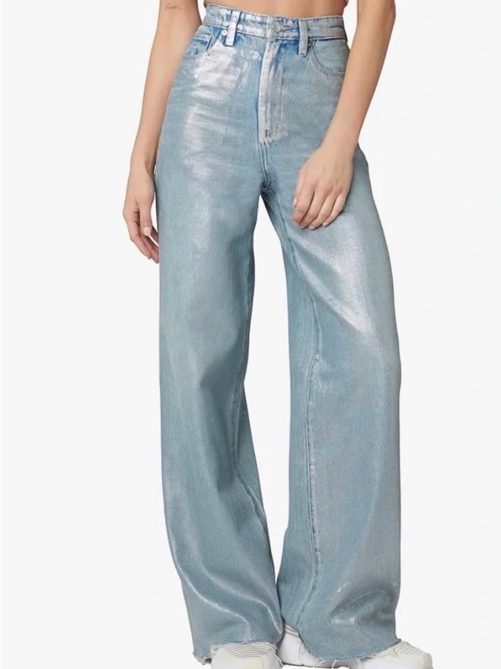 Blank NYC Womens Franklin Denim Distressed Metallic Coated Pants